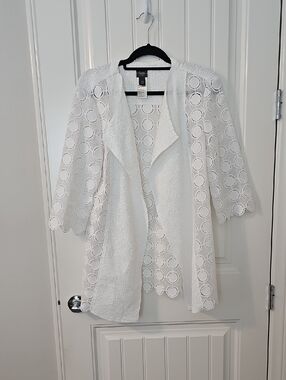 Chicos Travelers Collection White Open Front Circle Lace Cardigan